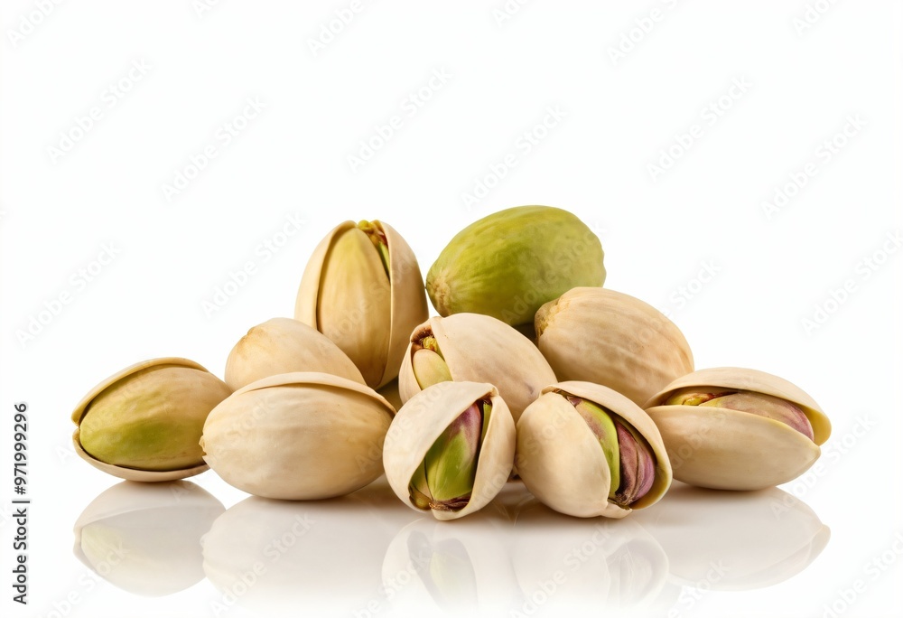 The pistachios are lying on a white surface. Peeled kernels of nuts. Unpeeled kernels of nuts. Pistachios isolated on white background. Ai generated image The pistachios are lying on a white surface. Peeled kernels of nuts. Unpeeled kernels of nuts. Pistachios isolated on white background. Ai generated image