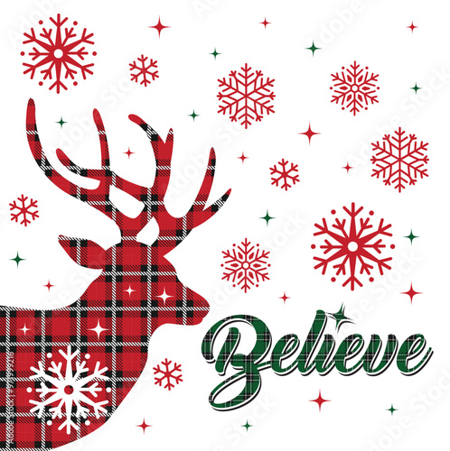 Christmas Deer Isolated with Plaid Pattern and Believe Text, Snowflakes- Christmas Vector Illustration Design