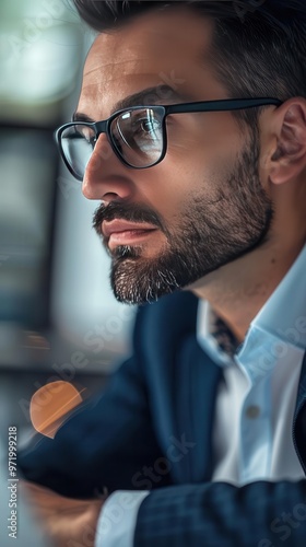 Focused businessman wearing glasses and a suit, deeply immersed in work, with a contemplative and determined expression.