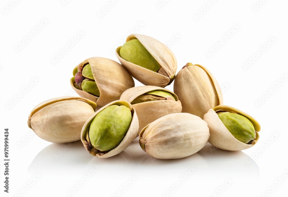 The pistachios are lying on a white surface. Peeled kernels of nuts. Unpeeled kernels of nuts. Pistachios isolated on white background. Ai generated image The pistachios are lying on a white surface. Peeled kernels of nuts. Unpeeled kernels of nuts. Pistachios isolated on white background. Ai generated image
