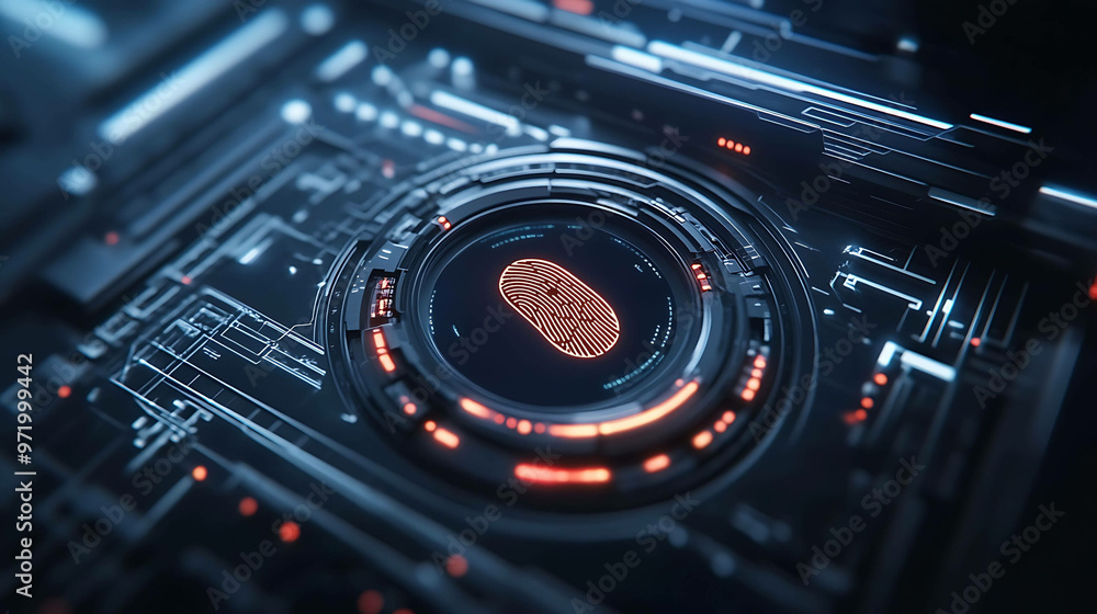 A futuristic fingerprint scanner with an orange fingerprint icon, surrounded by circuit board. A futuristic fingerprint scanner with an orange fingerprint icon, surrounded by circuit board.