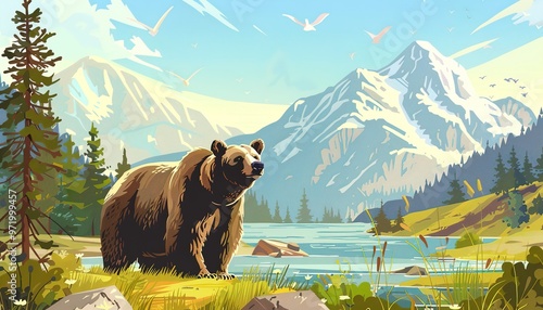 Grizzly bear in a beautiful forest against the backdrop of high mountains illustration