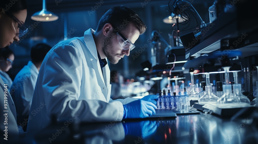 Scientists Conducting Laboratory Experiment With Microscope in Modern Research Facility During Evening Hours Scientists Conducting Laboratory Experiment With Microscope in Modern Research Facility During Evening Hours