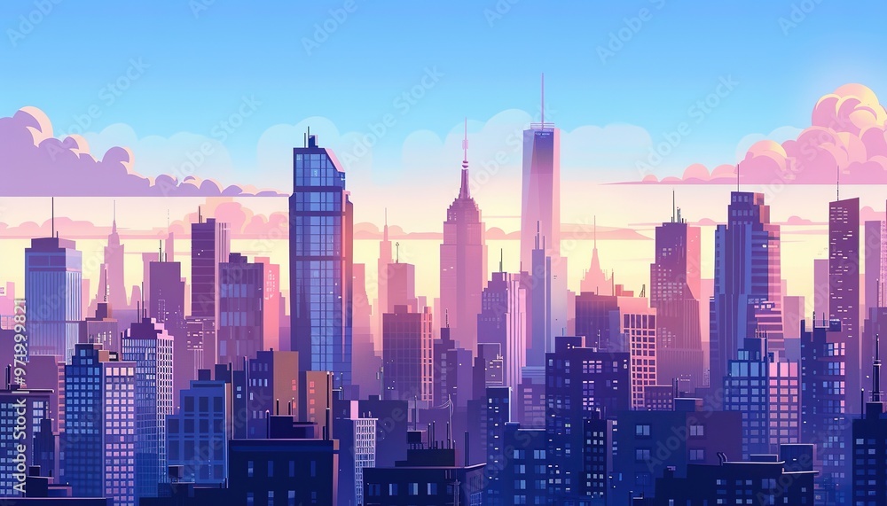 Obraz premium cityscape with silhouettes of tall skyscrapers illustration