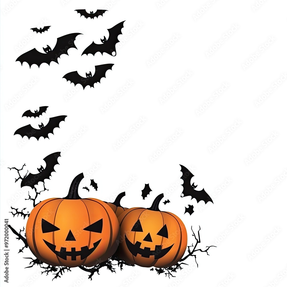 Two carved pumpkins with a spooky design, surrounded by flying bats and branches, perfect for Halloween-themed decor. Two carved pumpkins with a spooky design, surrounded by flying bats and branches, perfect for Halloween-themed decor.
