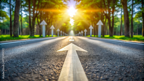 Asphalt Road Symbolism, Long, asphalted road with upward arrows. Symbolizes growth, development, success.Ideal for themes of progress, ambition, and continuous improvement