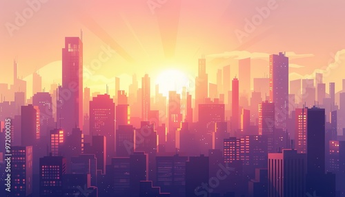 Sunset or sunrise over a modern city illustration