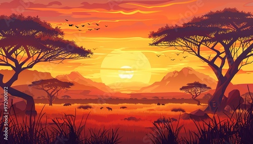 African landscape of savanna and mountains at sunset. Amazing African wildlife landscape with trees.