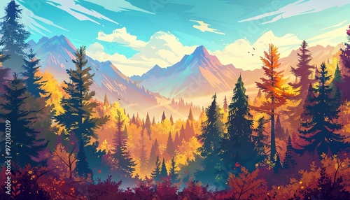 Autumn landscape of forest and mountains illustration