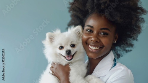 veterinary woman holding a pomeranian dog generative ai