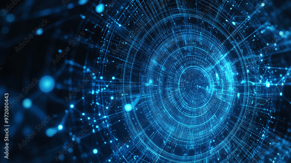 Obraz premium Abstract illustration of a blue digital vortex with flowing data patterns and network connections