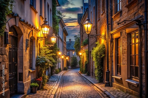 A quiet alleyway illuminated by vintage streetlights in an old district at dusk.