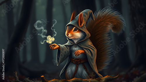 Squirrel wearing a wizard's robe, casting spells in a dark forest, wizard squirrel, mystical woodland creature