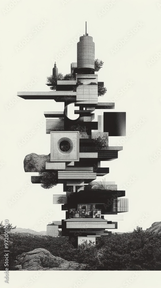 Monochrome artwork of a futuristic, abstract architectural structure floating above a surreal landscape, combining geometric shapes and nature elements. Monochrome artwork of a futuristic, abstract architectural structure floating above a surreal landscape, combining geometric shapes and nature elements.