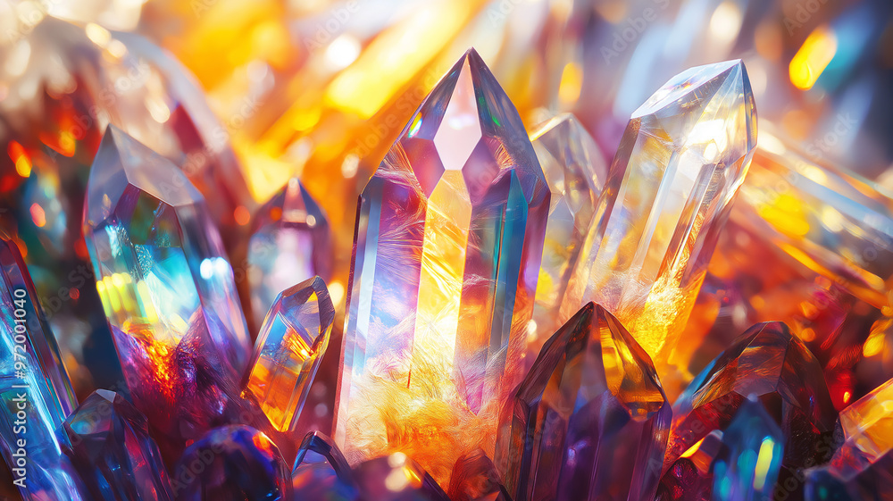 Vibrant Crystal Clusters with Iridescent Light Reflections Vibrant Crystal Clusters with Iridescent Light Reflections