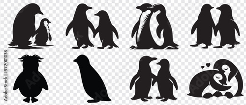 A group of penguins silhouette vector set. silhouette penguin different pose walking and skating,