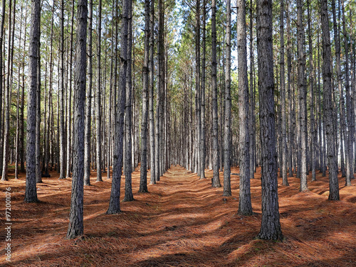 A grove of pine trees planted in a straight line so they grow straighter and taller as a result of direct competition for light.