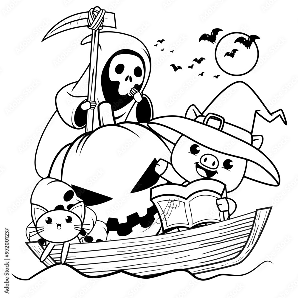 Naklejka premium Halloween coloring page with pig for kids