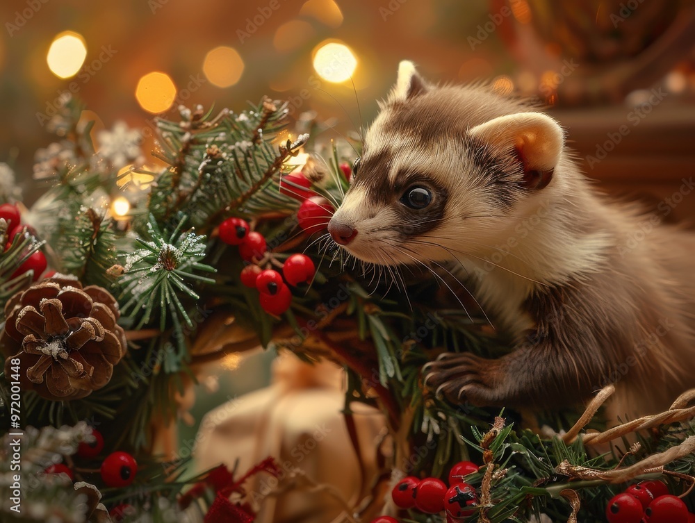 Cute ferret nestled in a festive evergreen wreath with pinecones and red berries, illuminated by warm holiday lights. Cute ferret nestled in a festive evergreen wreath with pinecones and red berries, illuminated by warm holiday lights.
