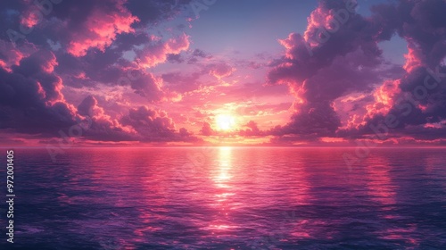 Dramatic Pink Sunset over Ocean Horizon Generative AI