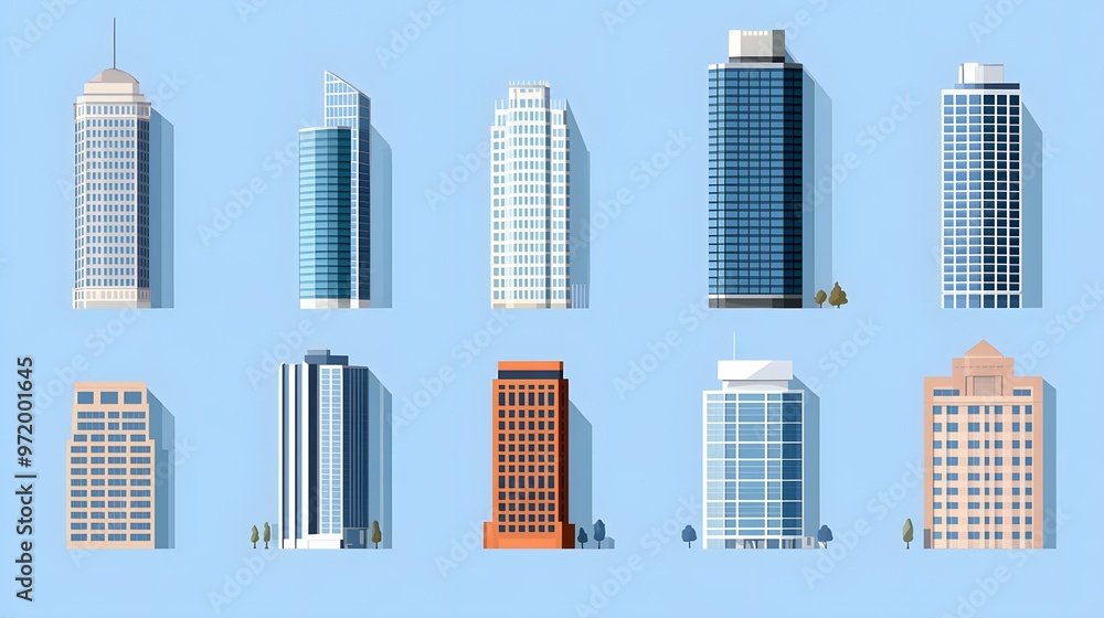 Set of Cartoon Skyscrapers with Flat Design Style Set of Cartoon Skyscrapers with Flat Design Style