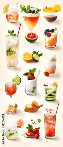 Collection of Refreshing Summer Cocktails with Fruit and Mint.