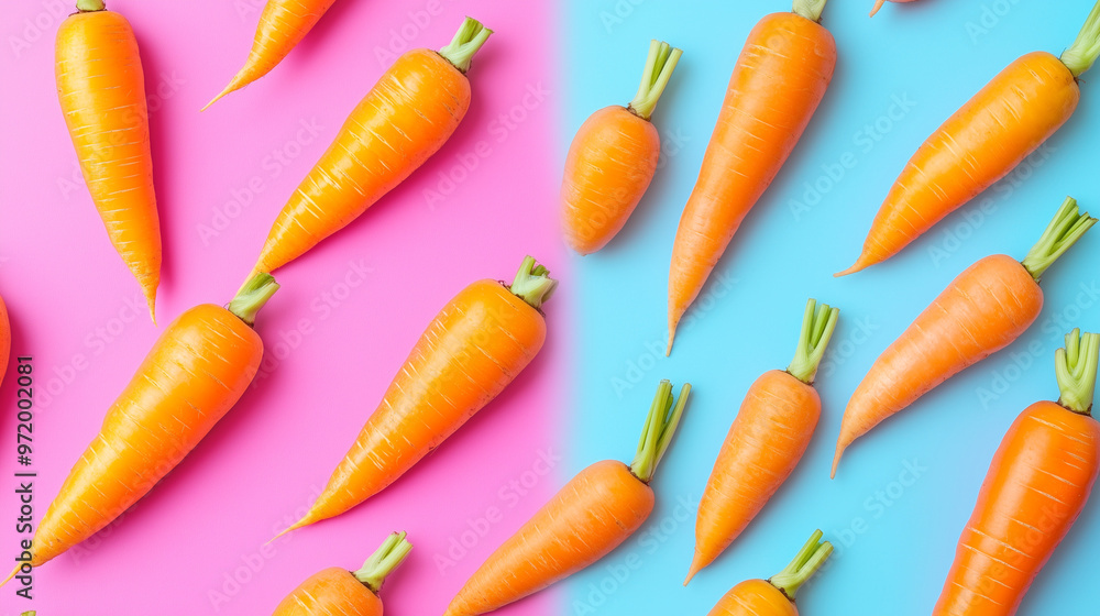 A collage of bright carrots on pink and blue backgrounds, arranged in a symmetrical pattern, creating an appealing and artistic composition A collage of bright carrots on pink and blue backgrounds, arranged in a symmetrical pattern, creating an appealing and artistic composition