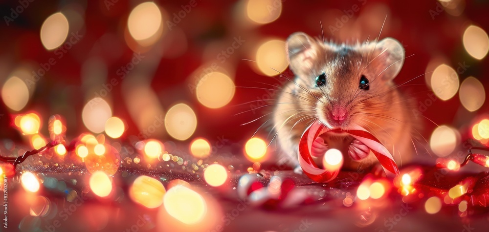 Adorable mouse holding candy cane surrounded by festive Christmas lights, creating a cozy holiday atmosphere with bokeh effect. Adorable mouse holding candy cane surrounded by festive Christmas lights, creating a cozy holiday atmosphere with bokeh effect.