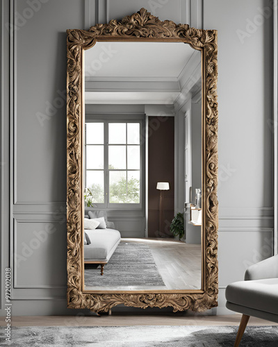 baroque style, classic baroque, gold leaf, hand-carved, mirror frame, ornate frame, antique mirror, vintage mirror, decorative mirror, luxury frame, golden frame, baroque mirror, carved wood, gilded  photo