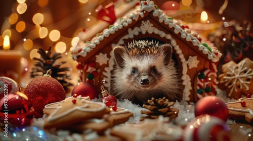 Adorable hedgehog in a festive gingerbread house surrounded by Christmas ornaments, cookies, and twinkling lights.