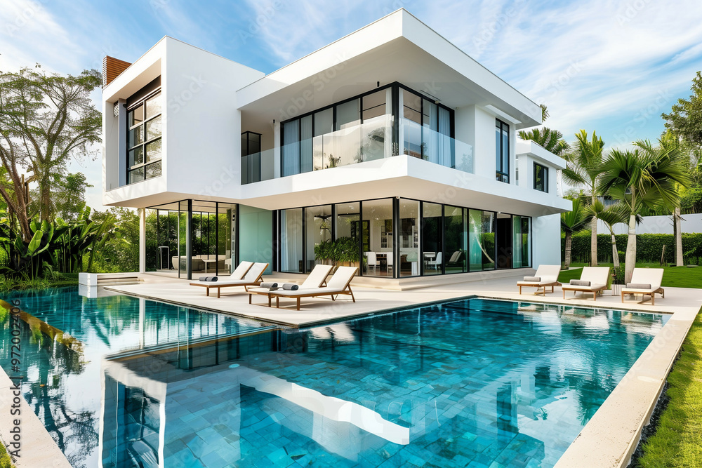 Fototapeta premium A luxurious modern villa featuring sleek architecture and an inviting pool, surrounded by lush greenery under a clear blue sky