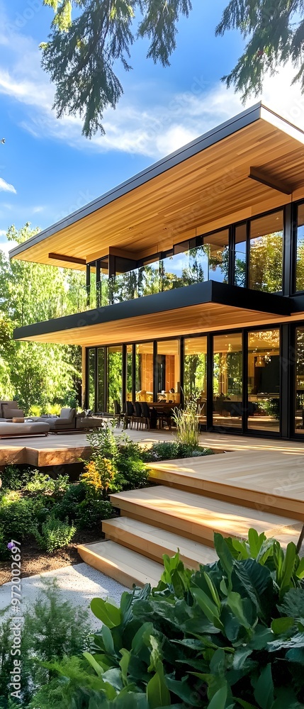 Modern House with Large Windows and Wooden Deck. Modern House with Large Windows and Wooden Deck.