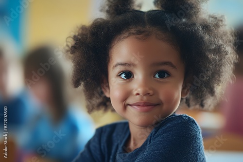 Portrait of a young girl with curly hair, smiling.