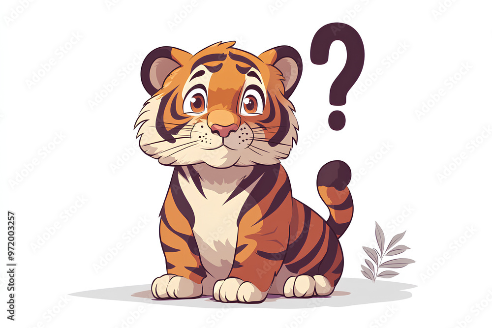 A cute cartoon tiger cub with a curious expression and a question mark above its head. A cute cartoon tiger cub with a curious expression and a question mark above its head.