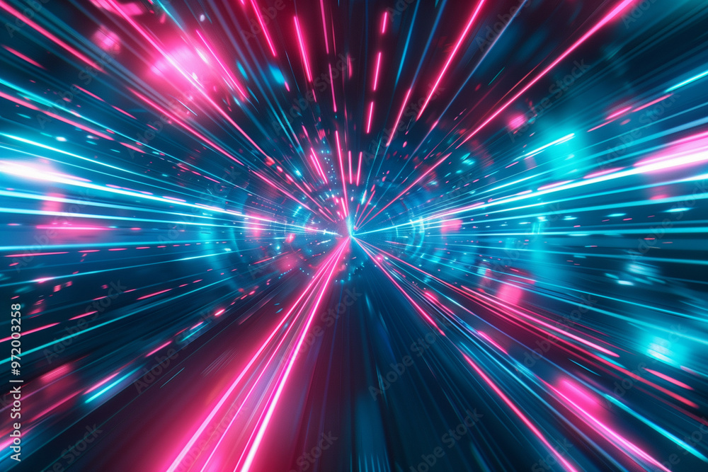 Dynamic digital illustration depicting high-speed travel through a futuristic tunnel with vibrant pink and blue neon lights Dynamic digital illustration depicting high-speed travel through a futuristic tunnel with vibrant pink and blue neon lights