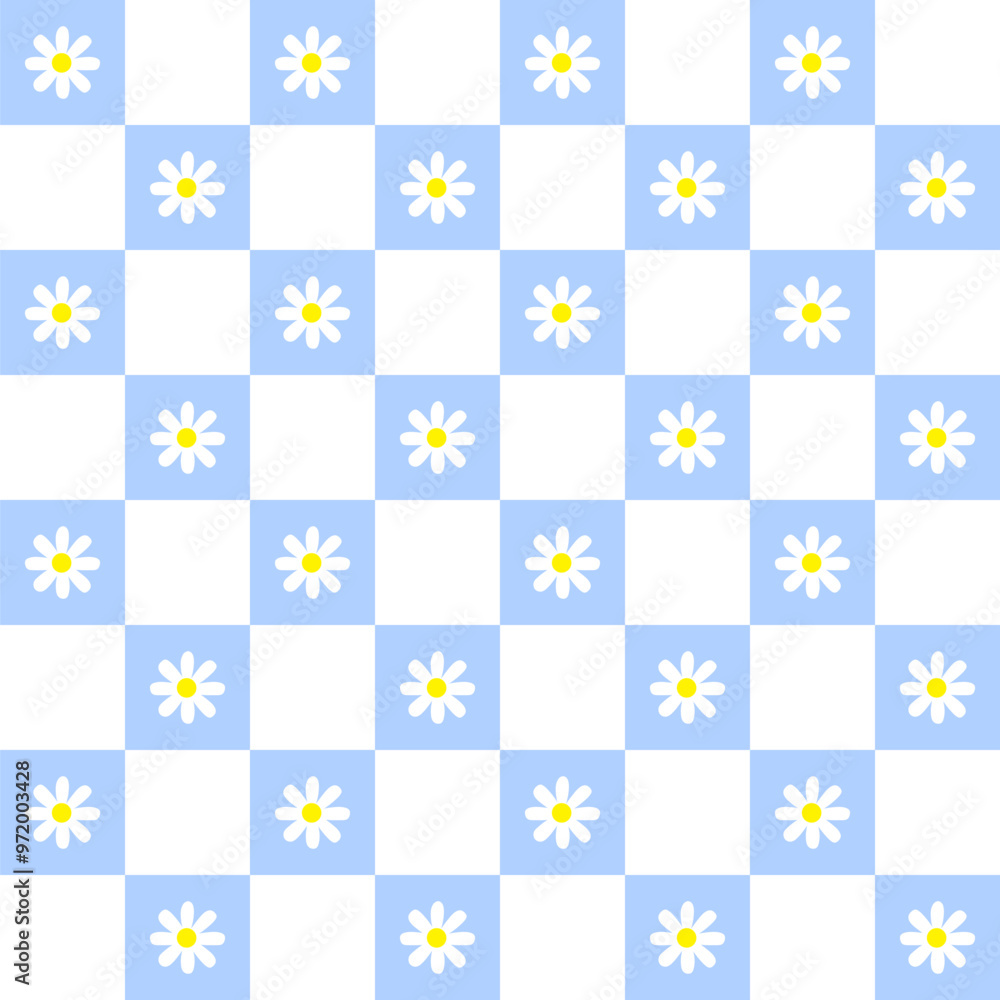 Flowers blue and white chess grid seamless pattern. White Daisy Flower. modern elements. flowers background design. Illustration 10 eps. Flowers blue and white chess grid seamless pattern. White Daisy Flower. modern elements. flowers background design. Illustration 10 eps.