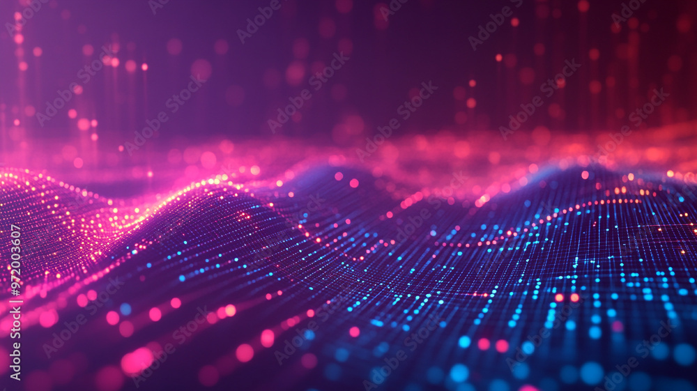 Colorful abstract digital landscape with glowing particles representing data waves at night Colorful abstract digital landscape with glowing particles representing data waves at night