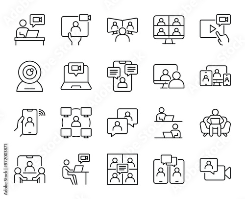 Set of Video Conference line icons. Video conference, Video call, work from home, online meeting, etc. Editable stroke