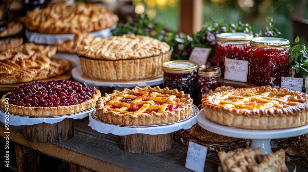 A display of various homemade pies and jars of jam at a market. A display of various homemade pies and jars of jam at a market.