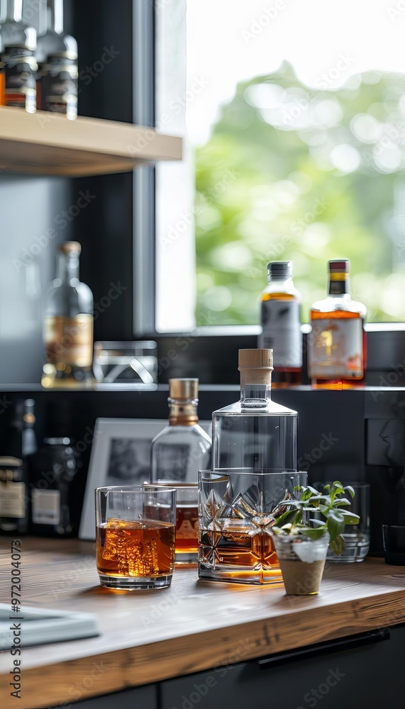 A stylish home bar featuring whiskey bottles, glasses, and a modern aesthetic, perfect for enjoying refined drinks and gatherings. A stylish home bar featuring whiskey bottles, glasses, and a modern aesthetic, perfect for enjoying refined drinks and gatherings.