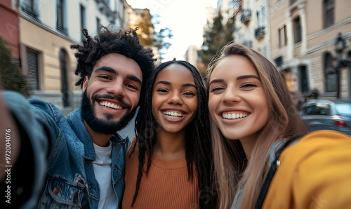 Multiracial friends taking selfie group picture with smart mobile phone outside