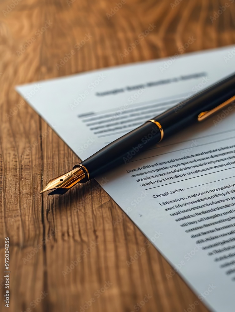 Elegant pen resting on a document, symbolizing professionalism and the importance of written communication in business. Elegant pen resting on a document, symbolizing professionalism and the importance of written communication in business.
