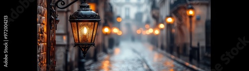 Wallpaper Mural A serene, rainy street scene illuminated by glowing lanterns, evoking a tranquil, nostalgic atmosphere. Torontodigital.ca
