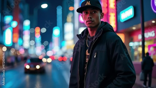 Stylish Man Walking in Neon-Lit Street