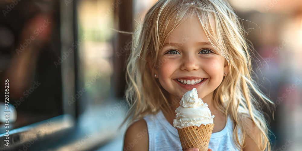 A cute little girl is smiling and holding an ice cream cone in her hand, generative AI A cute little girl is smiling and holding an ice cream cone in her hand, generative AI