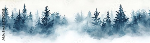 A serene landscape featuring tall pine trees shrouded in mist, creating a tranquil and mysterious atmosphere.