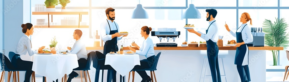 Restaurant Staff Serving Customers in a Modern Setting. Restaurant Staff Serving Customers in a Modern Setting.