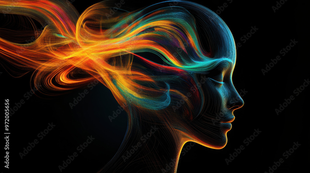 A vibrant abstract head filled with colorful swirling lines, representing creativity and imagination. flowing colors evoke sense of movement and energy, capturing essence of artistic expression A vibrant abstract head filled with colorful swirling lines, representing creativity and imagination. flowing colors evoke sense of movement and energy, capturing essence of artistic expression