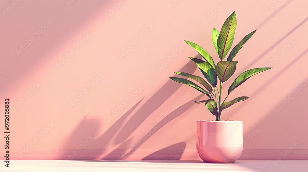house plant in a vase on floor against pink background. house plant in a vase on floor against pink background.