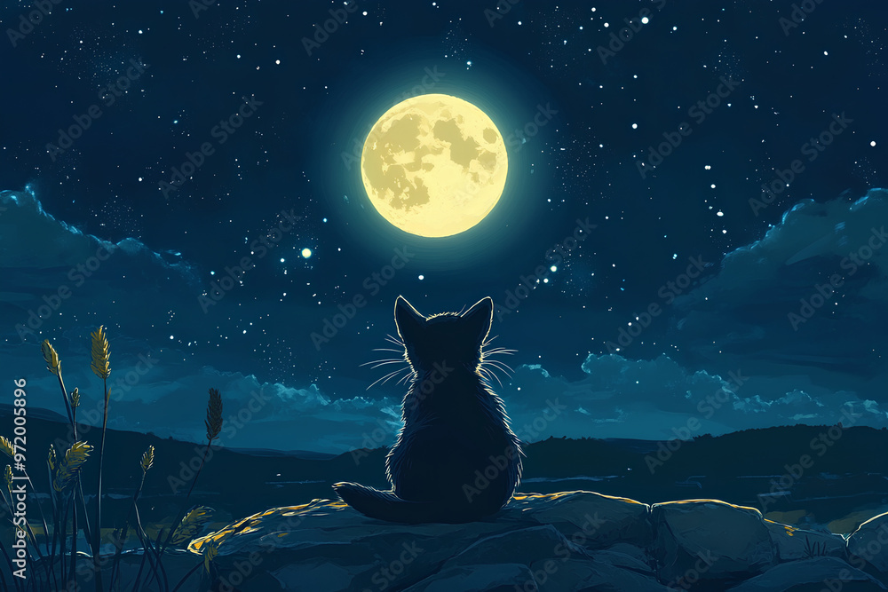 A serene black cat gazes at a bright full moon in a starry night sky.